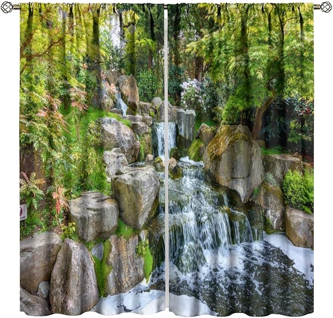 Forest Waterfall Blackout Curtains, Natural Landscape Forest Trees Waterfall Scenery PrintWindow Drapes, for Living Room Bedroom 84" W X 84" L