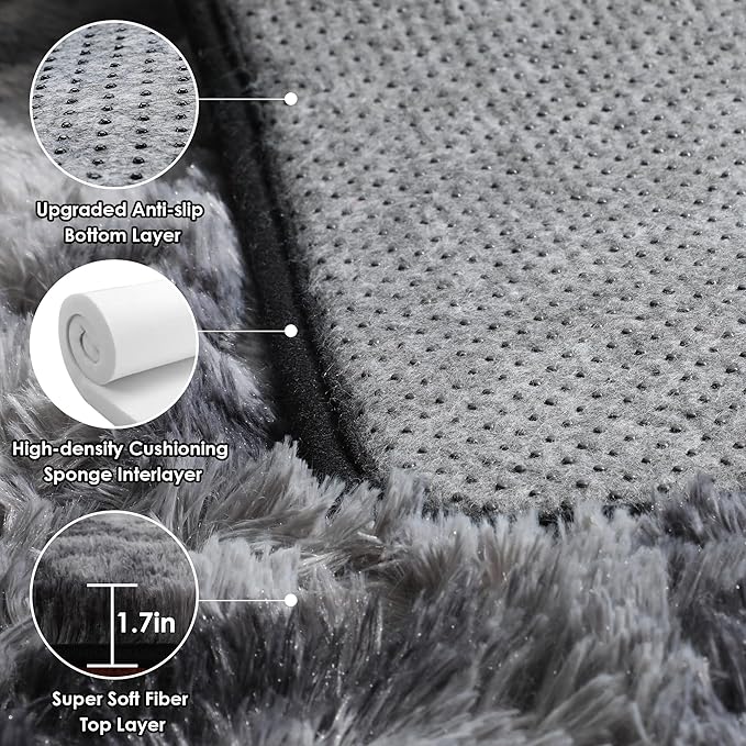 ONASAR Area Rugs for Bedroom Living Room, Washable Fluffy Tie-Dyed Dark Grey 4x6 Indoor Bedside Floor Throw Rug, Soft Plush Shaggy Carpet for Nursery Kids Girls Boys Teen Dorm Home Office Decor