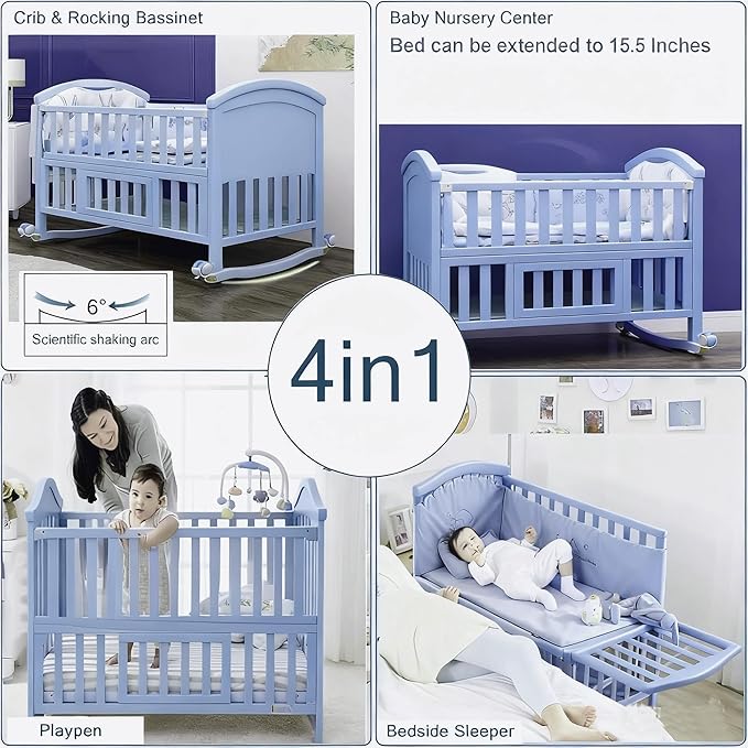 Portable Mini Baby Crib 4 in 1 with Memory Foam Mattress(38" by24) Included, Cunas para Bebes Convertible Crib with Foldable Storage Baby Playpen Bassinet Bedside Sleeper Bed (Gray)