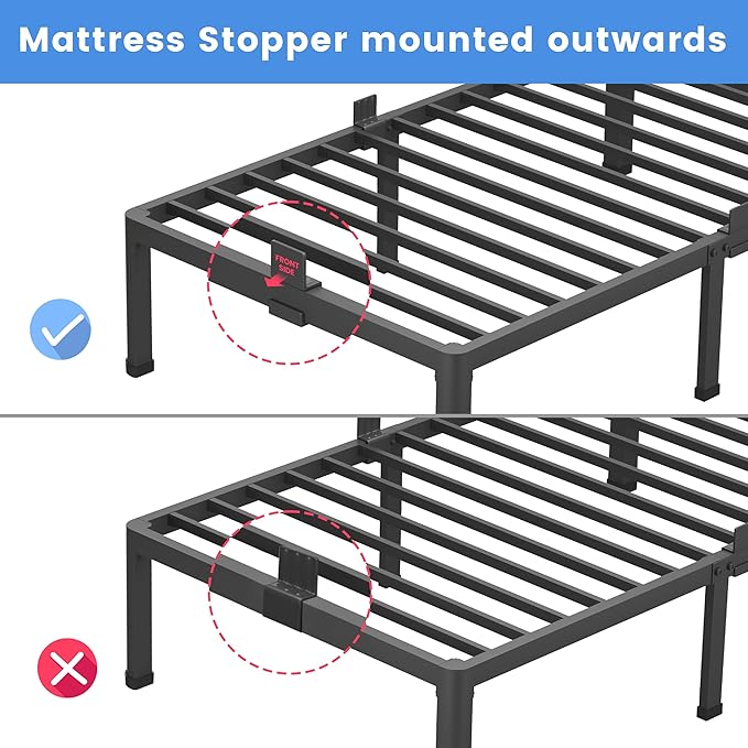 MAF 18 Inch King Size Bed Frame with Round Corner Legs Mattress Slide Stopper No Box Spring Needed Heavy Duty Metal Platform Bed Frames, 3000 LBS Steel Slats Support