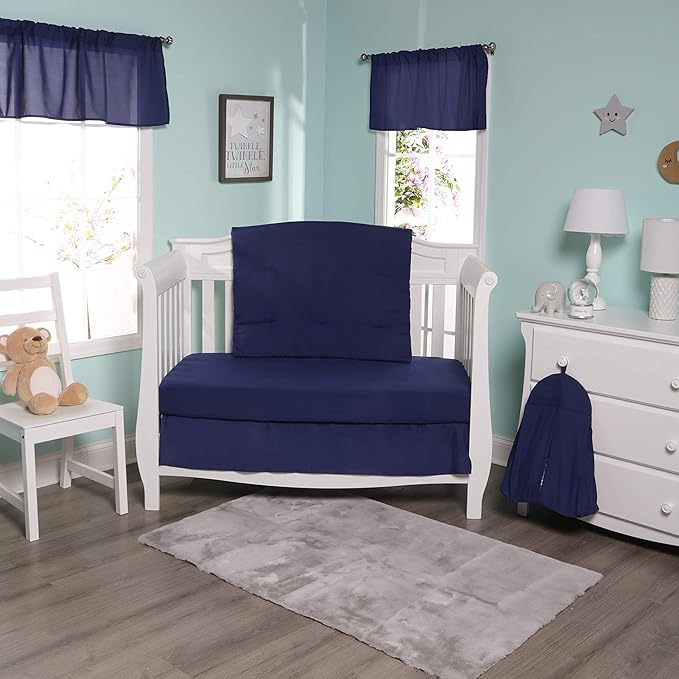 EVERYDAY KIDS 4 Pc Crib Bedding for Boys Nursery Set Includes Baby Bed Quilt, Fitted Sheet, Dust Ruffle and Diaper Stacker- Nursery Bedding Set - Baby Crib Bedding Set in Navy