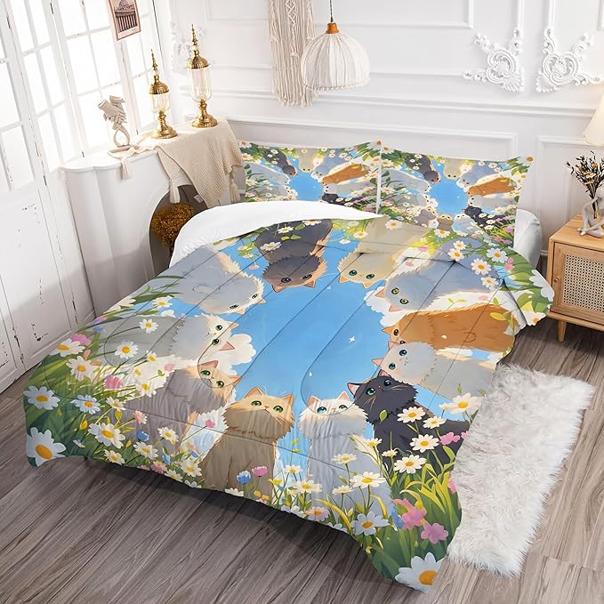 Floral Cat Bedding Set: King Size Cute Cats Comforter Set Daisy Kitten Blue Sky Quilt Kawaii Feline Flowers Animal Bed Set for Women Adults Teens Girls Room Decor 3 Piece