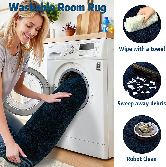 Chicrug 5x7 Minimalist Washable Area Rugs for Bedroom Living Room Classroom, Modern Soft Memory Foam Rug for Kids Nursery, Low Plie Indoor Carpet for Dorm Dining Office Bedside Room Decor, Navy Blue