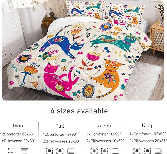 Cat Comforter Set King: Cute Floral Cats King Bedding Sets for Teen Girls Women Kids Cartoon Flowers Kawaii Animals Print Quilt Duvet Bed Set with 1 Comforter & 2 Pillowcases