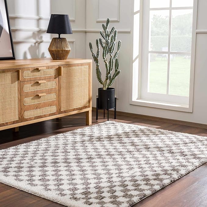 Hauteloom Kieu Contemporary Checkered Fluffy Shag Area Rug - Modern Geometric Soft Carpet Tiles for Living Room, Kids Room, Nursery - Gray, Light Grey, White - 5'3" x 7'