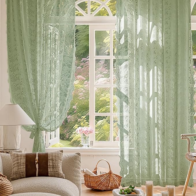 Anmao Vintage Sage Green Lace Curtains 108 Inches Long 2 Panels, Romantic Light Filtering Semi Sheer Floral Thick Lacy Curtain Drapes for Living Room and Bedroom, Each Panel 55W x 108L, Sage Green
