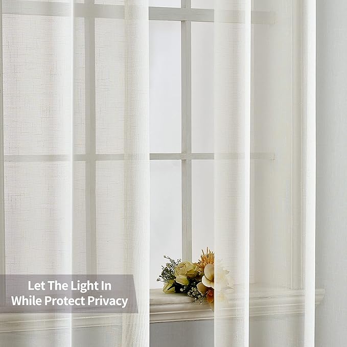 MIULEE 2 Panels Natural Linen Semi Sheer Window Curtains Elegant Solid Ivory Drapes Grommet Top Window Voile Panels Linen Textured for Bedroom Living Room (52X90 Inch)
