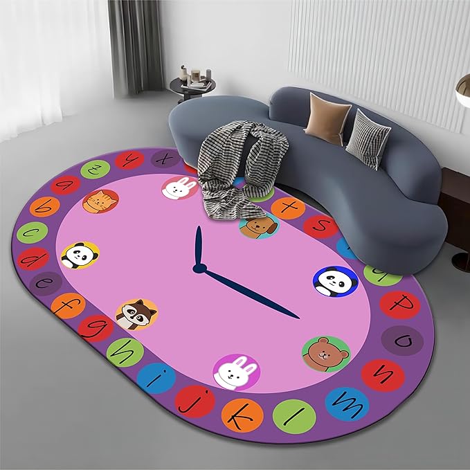 Children's Area Rugs, 5x8ft, Alphabet Animal Early Learning Oval Rug, Cartoon Animal Pointer Print Playmat, Non-Slip Washable Purple Floor Carpet for Kids Room Classroom Nursery