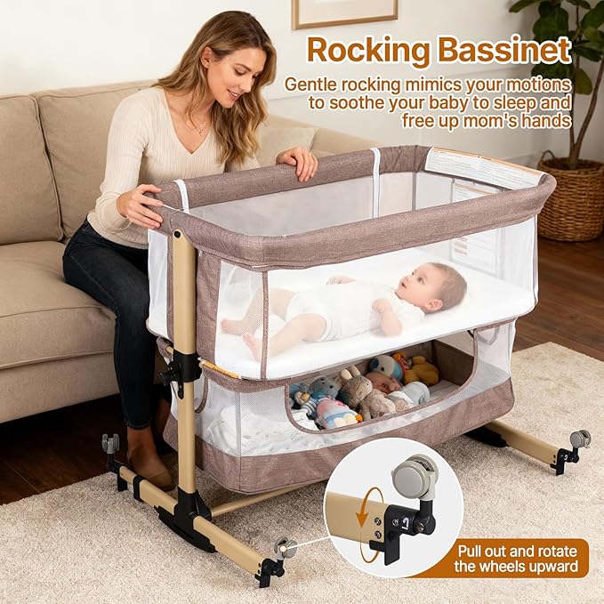 Baby Bassinet Bedside Sleeper, 3-in-1 Bedside Bassinet, 5 Height Adjustable Rocking Baby Crib, Breathable Full Mesh, Mosquito Net, Storage Basket, Stable and Secure Bassinets for Newborn Infant