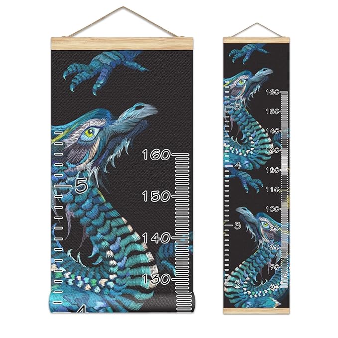 Personalized Kids Name Growth Chart Ruler for Wall Wood Frame Height Measure Chart 13.4x56 in Linen Hanging Height Growth Chart Retro Blue Dragon Kids Room Decor