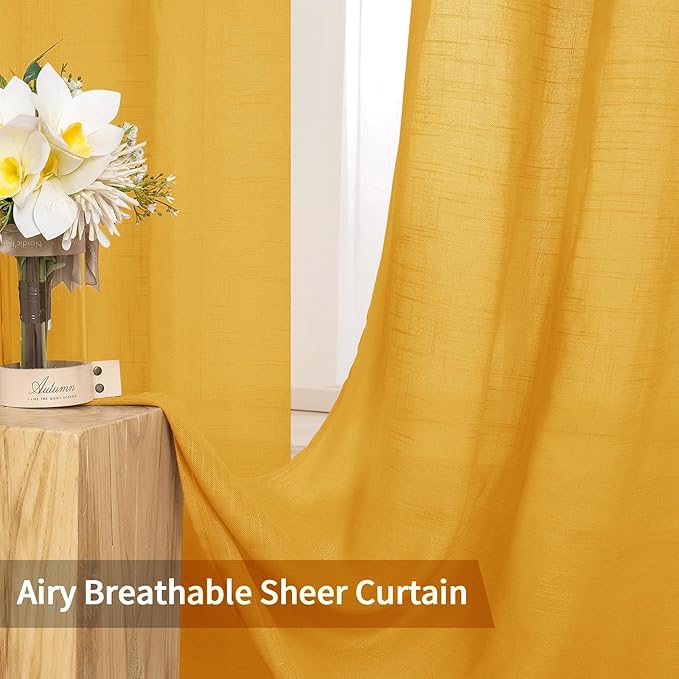 MIULEE Natural Linen Sheer Window Curtains - Elegant Mustard Yellow Fall Drapes Grommet Top Voile Panels Linen Textured Panels for Bedroom Living Room (52X96 Inch)