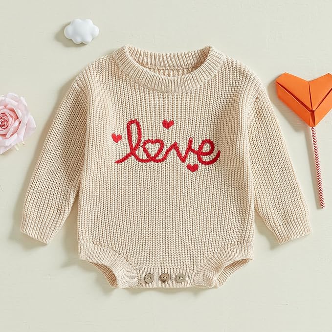 Lesimsam Newborn Baby Boy Girl Valentines Day Outfit Oversized Embroidery Long Sleeve Knit Sweater Bubble Romper Bodysuit