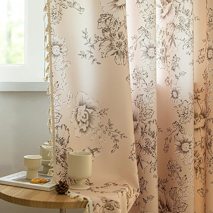 ENJOYBRIDAL Floral 63 Inch Curtains 2 Panel Set Living Room Farmhouse Drapes Bedroom Boho Semi Sheer Short Window Curtain Panels Cute Flower Rod Pocket Botanical Pattern Window Treatments