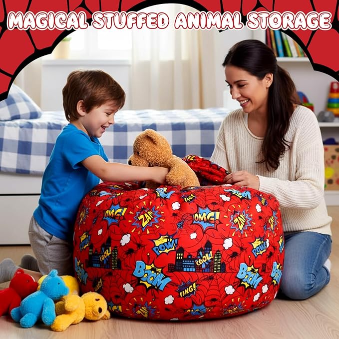 Boao Spider Stuffed Animal Storage Bean Bag Chair Cover (No Filler) Washable Canvas Beanbag Chair Bean Bag Cover with Zipper for Organizing Plush Toys or Textile, Sack Beanbag for Adults