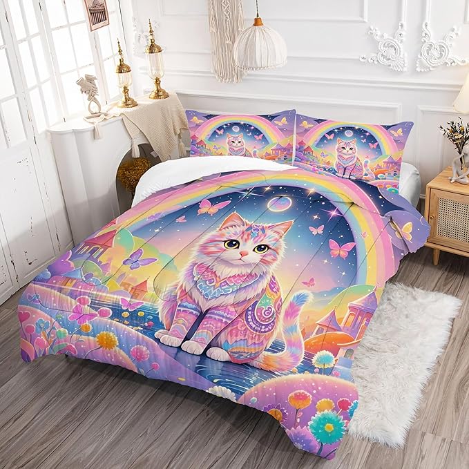 Cat Comforter Set Full: Rainbow Exotic Cat Bedding Set Kawaii Colorful Kitten Quilts Pet Feline Flowers Castle Bed Sets for Teens Girls Kids Women 1 Comforter & 2 Pillowcases