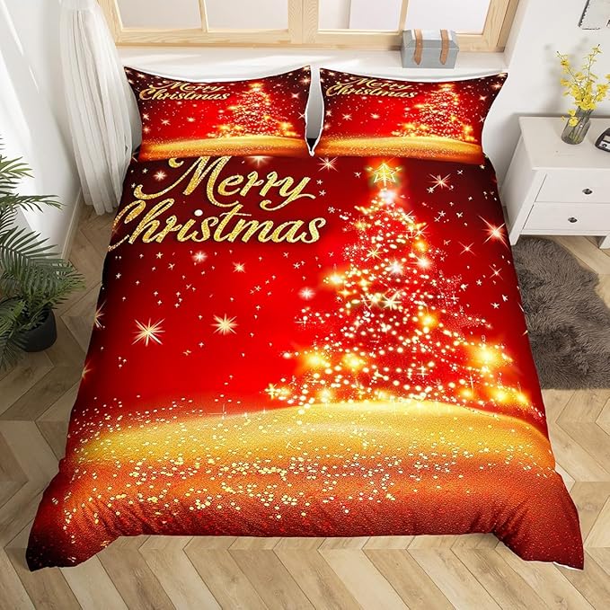 Manfei Christmas Tree Duvet Cover Set King Size Gold Sparkle Comforter Cover Merry Christmas Bedding Set 3pcs for Kids Boys Girls Western New Year Theme Bedspread Cover with 2 Pillowcases,No Comforter