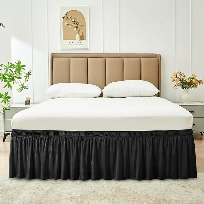 Biscaynebay Wrap Around Bed Skirts for Queen Beds 22" Long Drop, Black Adjustable Elastic Dust Ruffles Easy Fit Wrinkle Resistant Silky Luxurious Fabric Machine Washable