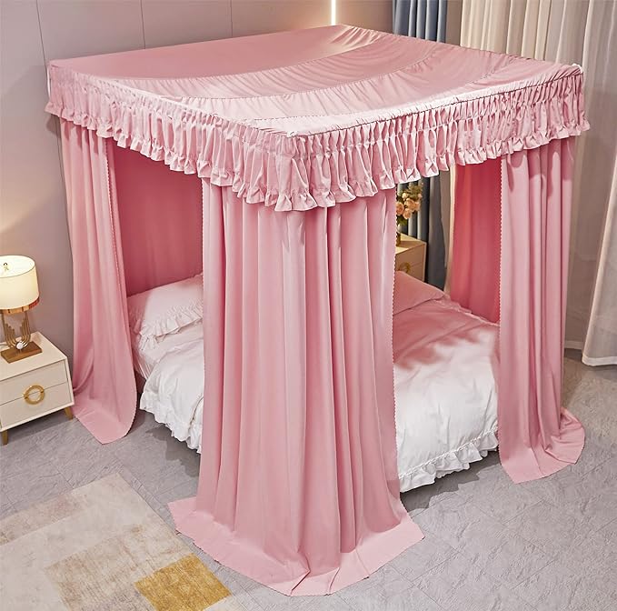 VETHIN Elastic Roof Style Four Corner Post Princess Bed Canopy Curtains Cozy Breathable Tent Canopy Mosquito Net for Girls & Adults Bedroom Decoration (Pink, 70-78" W*86" L*82"*H/(King))