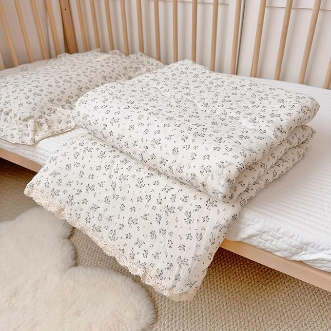 BuLuTu Muslin Cotton Quilt for Toddler Girls Boys, Blue Brown Floral Blanket for Crib/Cot/Toddler Bed Blanket, Soft Lightweight Kids Comforter with Lace Edges, 60x78 Inches, No Pillow Case