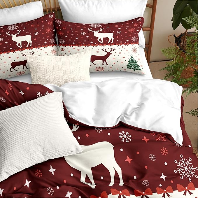 Christmas Duvet Cover Queen Size Red Bow Deer Bedding Set 3 Pcs Kids Boys Girls Xmas Christmas Tree Comforter Cover with Zipper Closure
