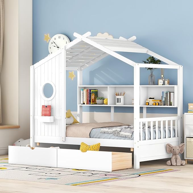 Twin Bed Frames for Kids, House Bed with Window and Fence, Wood Platform Bed Frame with Drawers and Shelves, Playhouse Bed for Boys Girls, White, 78" L x 42.7" W x 72" H