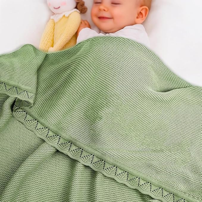 Baby Knit Blanket Soft Breathable Cotton Scallop Border Blankets Newborn Knitted Blanket Swaddle Blankets Gifts for Baby Newborn Toddler Shower Boy Girl New Mom Birthday Christmas SG 30x30