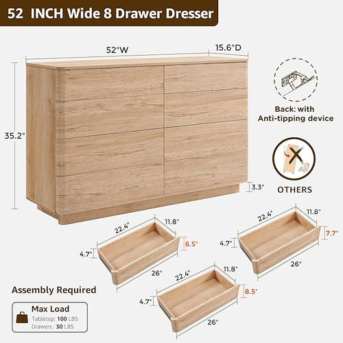 ACCOHOHO 8 Drawer Dresser for Bedroom, 52 Inch Wide Modern Chest of Drawers, Push-to-Open Wood Storgae Organizer with Large Drawers for Bedroom, Living Room, Hallway,Natural Oak