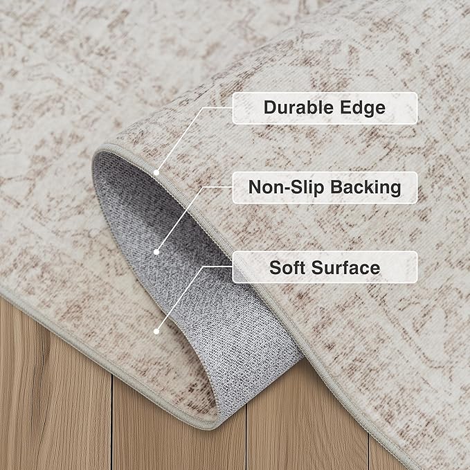 FMFUNCTEX 5x7 Washable Area Rug Neutral Vintage Beige Distressed Non Slip Low Pile Traditional Indoor Carpet for Living Room Bedroom Soft Retro Mat Throw Rug for Dining Office Kitchen Dorm Entryway