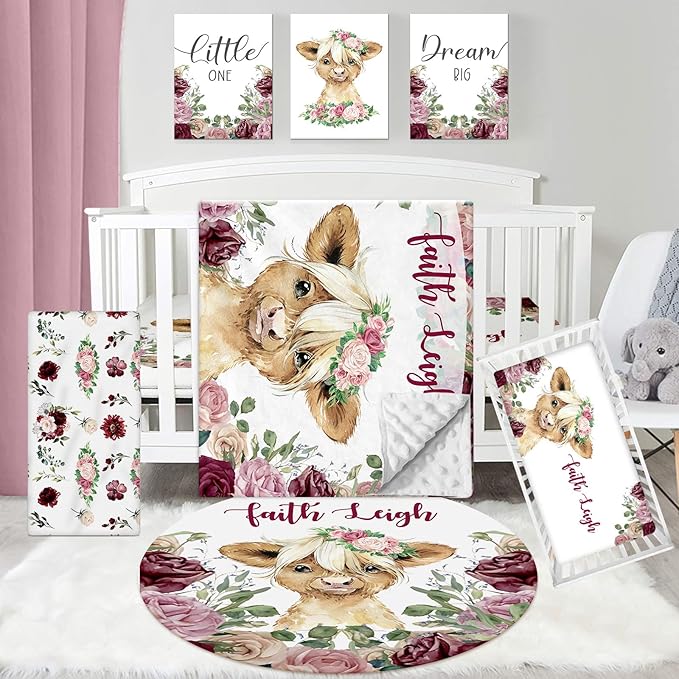 Personalized Baby Crib Bedding Set, Custom Name Blanket with Dotted Backing, 5 Piece Custom Gift Highland Cow Crib Bed Set for Baby Infant Shower Birthday, Floral Crib Bedding Gifts Style06