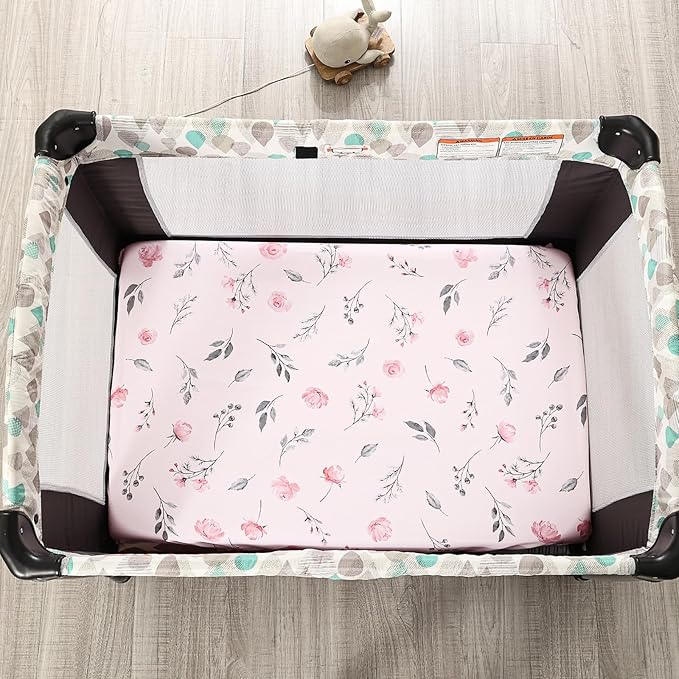 PHF Soft Mini Crib Sheet Set, 2 Pack Silky Comfy Pack N Play Sheets for Girls, Universal Fit for Pack N Play, Playard and Mini Crib Mattresses, Pink Floral