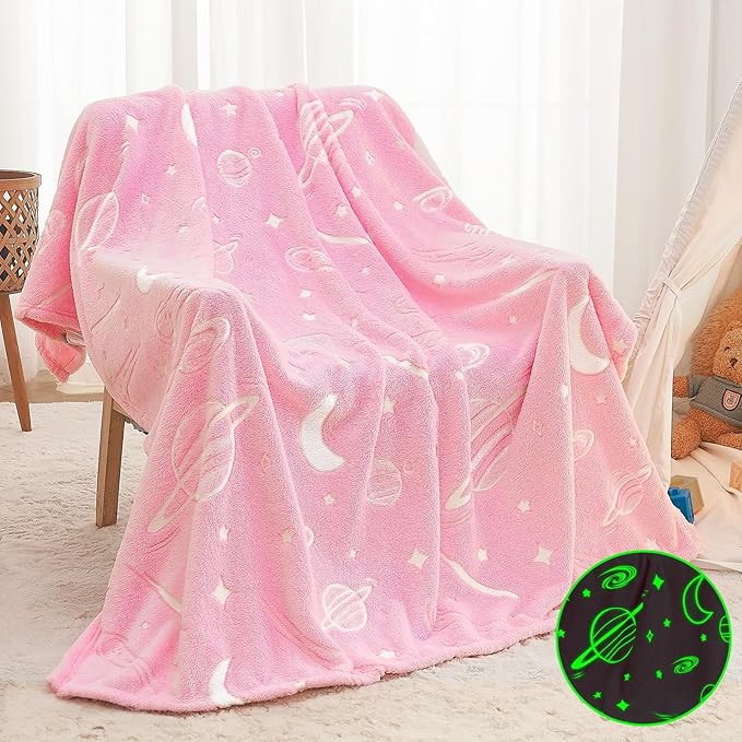 inhand Pink Blanket Girl Room Decor Glow in The Dark Soft Cute Space Star Moon Galaxy Blanket for Kids Birthday Gifts Planet Toys for 3,4,5,6,7,8,9,10,11,12 Years Old (40''x60'' Pink)