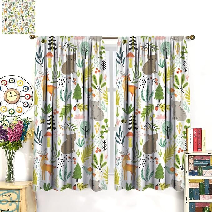 Cartoon Forest Kids Blackout Curtains,Cute Woodland Wild Animals Colorful Deer Plants Trees Print Pattern Thermal Insulation Window Drapes for Nursery Boys Girls Bedroom,White Background 52x84in