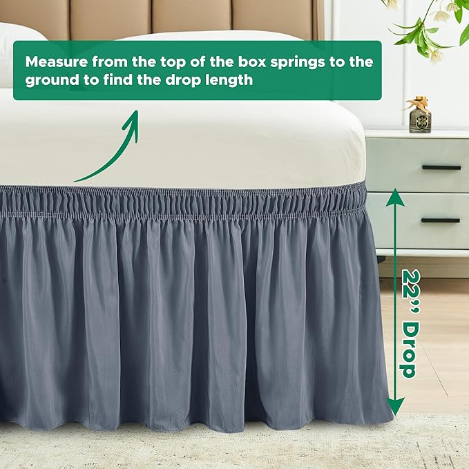 Biscaynebay Wrap Around Bed Skirts for Queen Beds 22" Long Drop, Dark Grey Adjustable Elastic Dust Ruffles Easy Fit Wrinkle Resistant Silky Luxurious Fabric Machine Washable