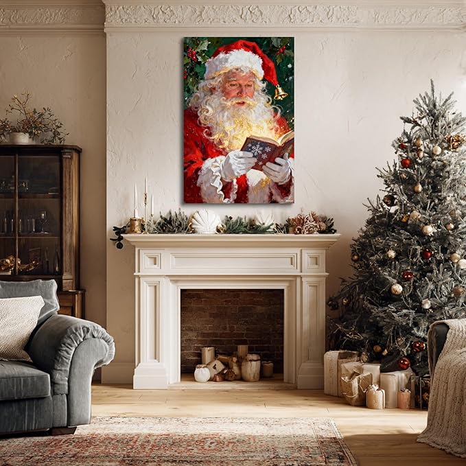 YONICA Christmas Canvas Wall Art Reading Santa 18x24 Inch Oil Painting with Glowing Book and Holly - Large Framed Gallery Wrapped Library Decor