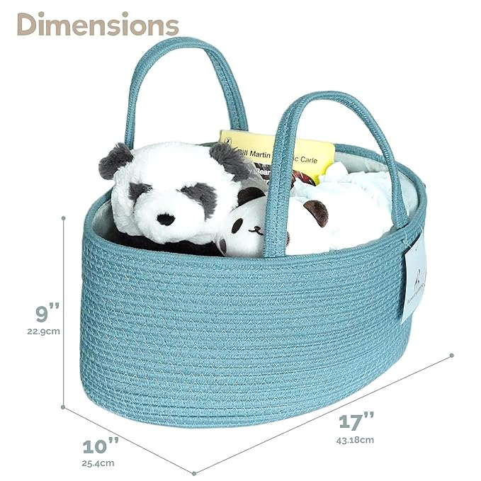 Baby Diaper Caddy Organizer, Extra Large Cotton Rope Nursery Diaper Basket, Changing Table Organizer, Portable Tote Bag with Divider, Car Storage, Baby Shower Gifts for Newborn Girls - Lake Blue