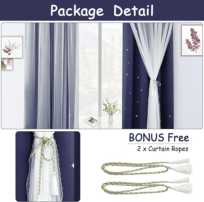 Kinryb Kids Blackout Small Curtains for Bedroom/Living Room/Classroom, Sheer Overlay 2 Free Tiebacks,Double Layer Curtains with Star Cutout for Kids Room(W 52 x L 36 Inches,Navy Blue 2 Pcs)