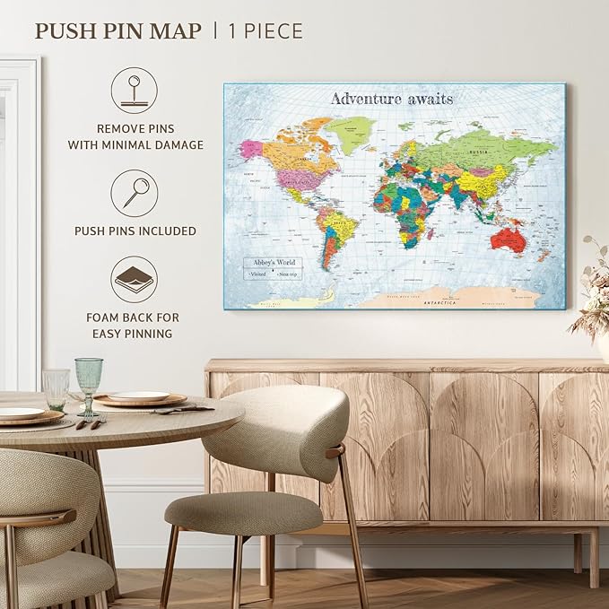 ElephantStock - Personalized Adventure Awaits IV Push Pin World Map Wall Art - Horizontal Canvas Wall Art - Living Room Wall Decor - Digital Art Map Canvas Art - Blue And Green Decor - 30" x 20"
