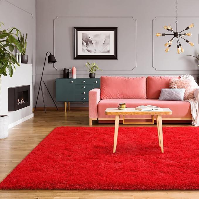 BENRON Fluffy Rugs for Living Room 5x8 Red, Washable Large Area Rugs for Bedroom Dining Table Office Kids Nursery Room, Washable Indoor Floor Carpets