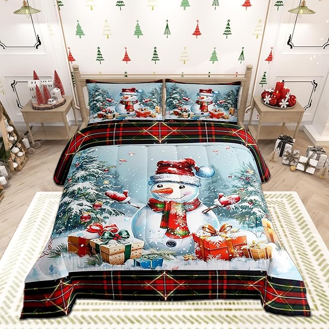 Castle Fairy Xmas Cute Snowman Comforter Set King Size,Merry Christmas Pine Trees Decor Bedding Set All Season Quilt Set,Vintage Red Green Checkered Plaid Microfiber Polyester Down Comforter