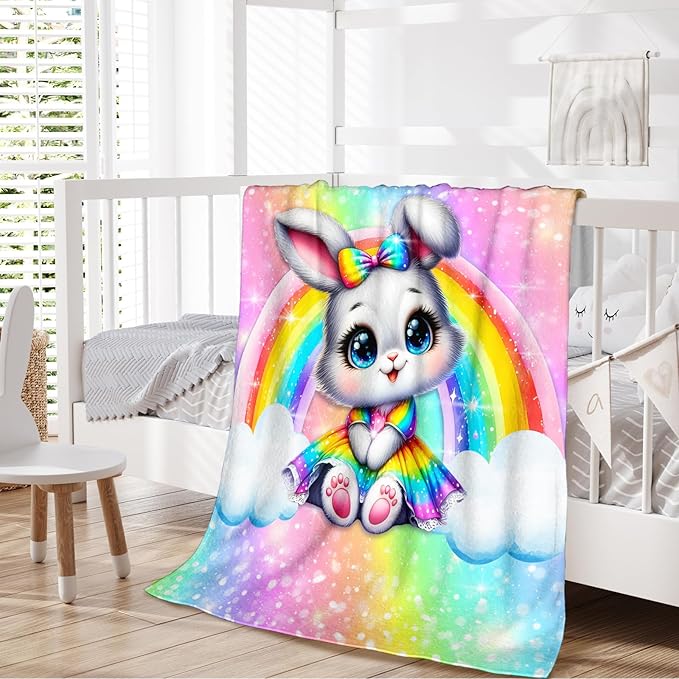Girls Rabbit Blanket Gift, Throw for Toddler Kids Bunny Lovers - 40x50 Inches Soft Cozy Cute Rainbow Throw Blankets for Sofa Couch Living Room Bed