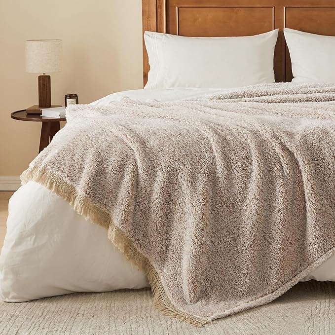 EMME Soft Sherpa Fleece Blanket with Tassel, Reversible Plush Fluffy Large Blanket, Light Weight Warm Decorative Boho Blanket Cover for Sofa, Couch, Bedroom,Travel(Tassel Khaki,50"x60")