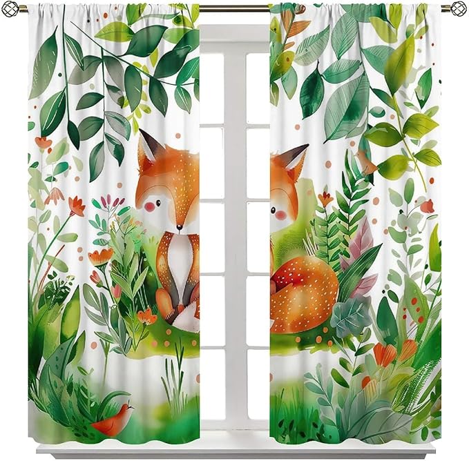 Kids Fox Blackout Curtain Cute Cartoon Fox Window Treatment for Girls Boys Bedroom Wildlife Woodland Animal Botanical Plant Window Drapes for Living Room Teens Nursery W63xL72