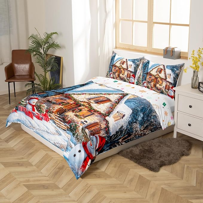 Manfei Christmas Duvet Cover Set Twin Size, Winter Snow Scenery Bedding Set for Kids Boys Girls Room Decor, Western New Year Comforter Cover, Soft Polyester Quilt Cover, 1 Pillowcase, No Comforter