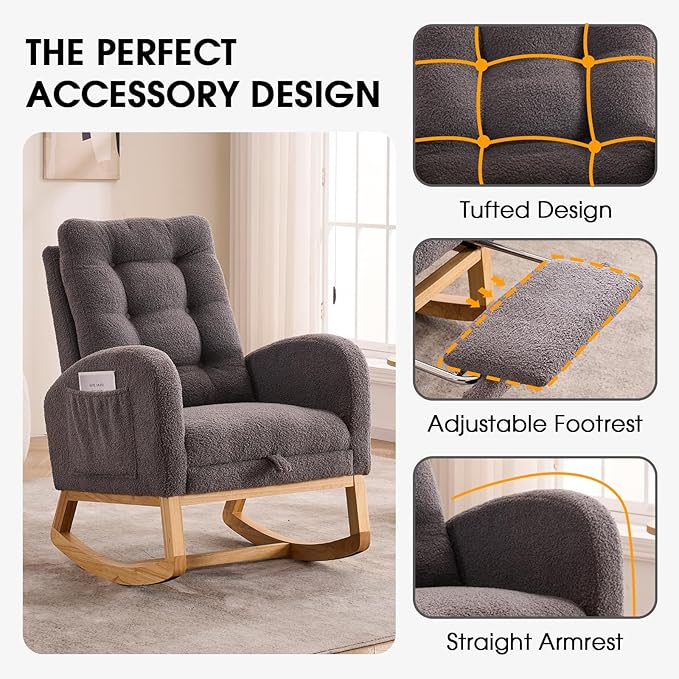 NIOIIKIT Nursery Rocking Chair, Linen Upholstered Glider Chair with Footrest, Tufted Rocker Recliner with Side Pocket, Comfy Recliner Glider, Accent Chair for Living Room (Grey Teddy)