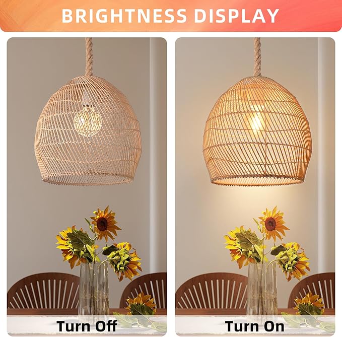 Arturesthome Mini Natural Rattan Pendant Light for Kitchen Island, Woven Lamp Shade Chandelier, Handmade Hanging Ceiling Light Lampshade, Rope Lamp D 9.8inx10.6in