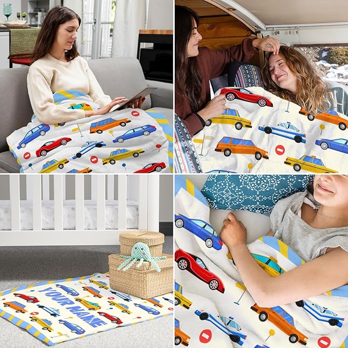 Personalized Throw Blanket Gift for Boys - 30" x 40" Inches Soft Cozy Car Blanket for Lap, Couch, Office - Blue Cartoon Throw for Girls Kids