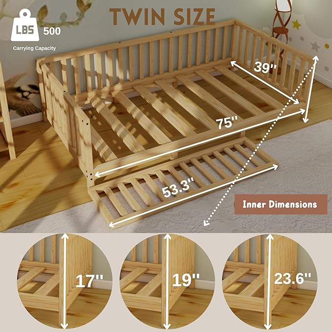 Montessori Floor Bed Designed with Open Front for Girls and Boys | Pine Wood Natural Solid Frame Beds Footed Model with Slats | Sturdy Designed Floor Bed Frame for Kids (Twin, Height : 23 Inches)