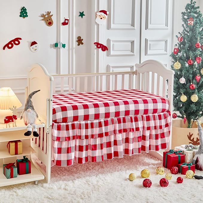 Christmas Crib Bedding Set 3 Pcs with Santa Snowman Red White Design, Quilted Comforter Fitted Sheet & Bed Skirt, Holiday Baby Crib Set