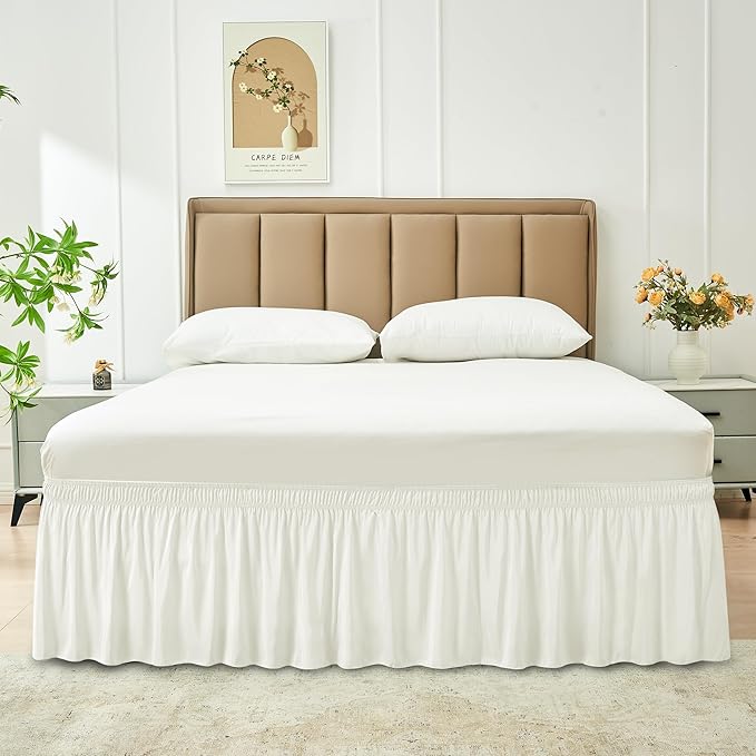 Biscaynebay Wrap Around Bed Skirts for Queen Beds 22" Long Drop, Ivory Adjustable Elastic Dust Ruffles Easy Fit Wrinkle Resistant Silky Luxurious Fabric Machine Washable