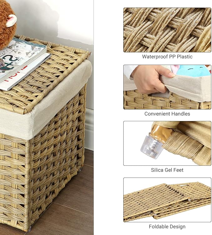 SONGMICS Storage Basket with Lid, 42.3 Gallon (160L) Storage Bin, Woven Blanket Storage Basket with Handles, Foldable, Removable Liner, Metal Frame, for Bedroom, Laundry Room, Natural URST76NL